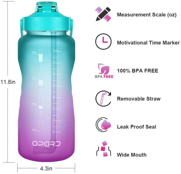 Opard 2 Litre Water Bottle with Time Markings to Drink Half Gallon Motivational Water Bottle with Straw and Handle Large BPA Free Water Jug for Sports Gym Fitness - Image 4