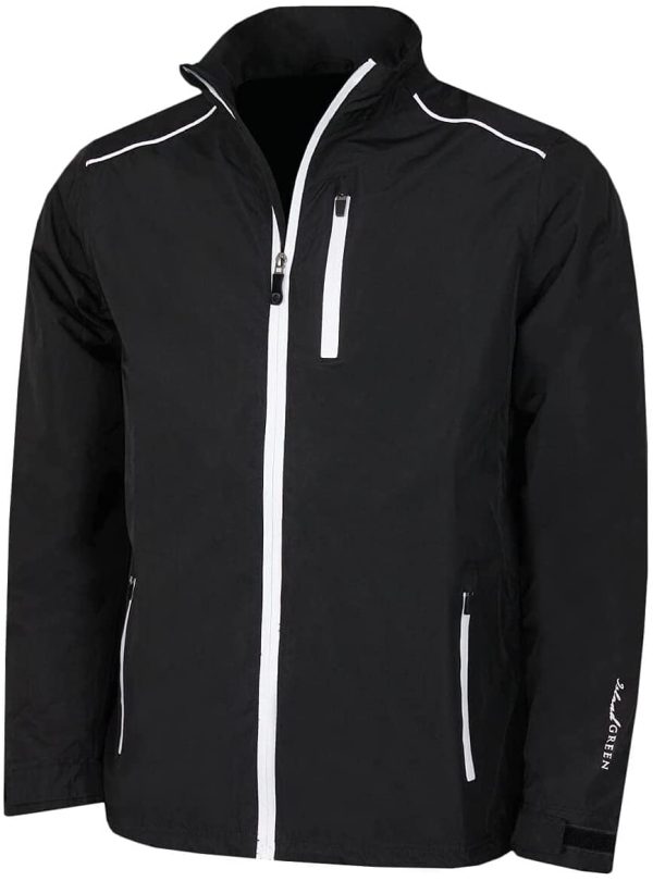 Island Green Golf IGJKT1723 Mens Zip Through Waterproof Windproof Breathable Sports Rain Jacket, Black/White, Medium