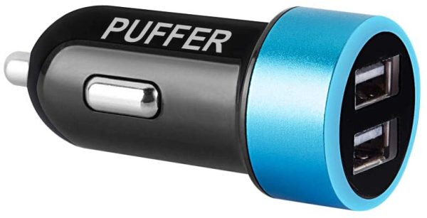 PUFFER Car Charger,Compact Rapid Dual Port USB Cigarette Lighter Adapter with Blue LED,for iPhone XR/XS/X/8/7/Plus,iPad Pro/Air 2/Mini, Galaxy S9,LG,HTC,iOS and android Smart Phones or Tablets - Blue