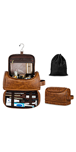 Elviros Toiletry Bag, Mens Leather Travel Organizer Kit with hanging hook