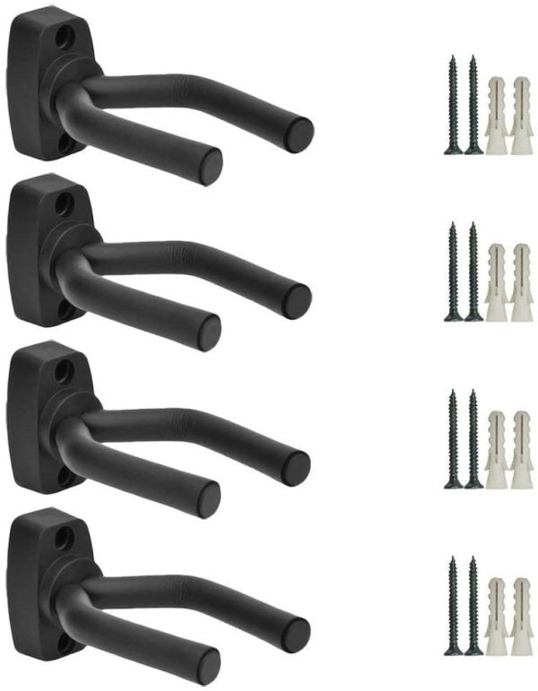 Guitar Wall Mount Hanger 4 Pack, Guitar Hanger Wall Hook Bracket Holder Stand Black Display with Screws - Easy To Install - Fits All Size Guitars, Bass, Mandolin, Banjo, Ukulele