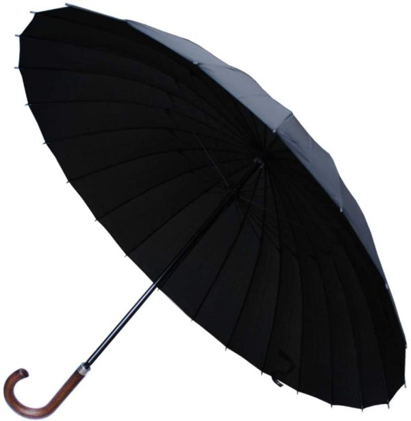 COLLAR AND CUFFS LONDON - 24 Ribs for Super-Strength - Windproof 60MPH Extra Strong - Triple Layer Reinforced Frame with Fiberglass - Auto - Hook Handle Wood - Black Canopy Umbrella - Automatic