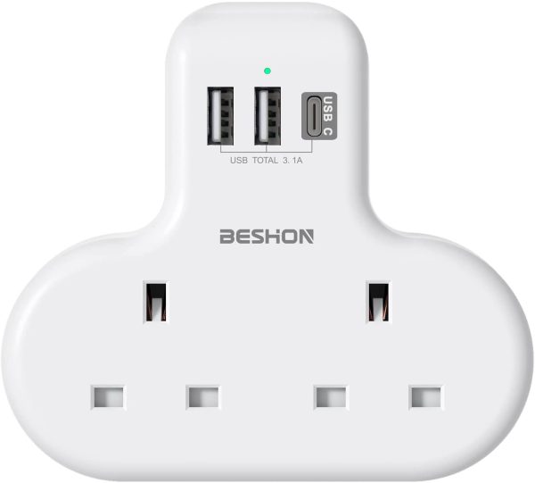 Double Plug Extension with 3 USB (1 USB-C), 2 Way Plug Adaptor Multi Plug Adpater, BESHON 13A UK 3 Pin Socket Extension for Travel, Home and Office