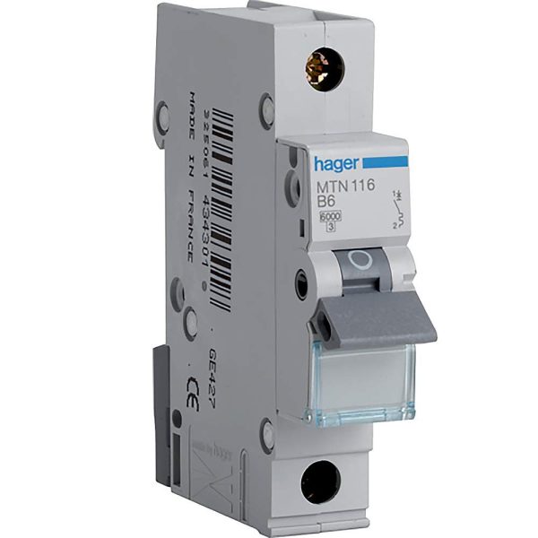 Hager MTN116 Miniature Circuit Breaker, 1 Pole, 1 Module, Type B, 6 kA Breaking Capacity, 16 A Current