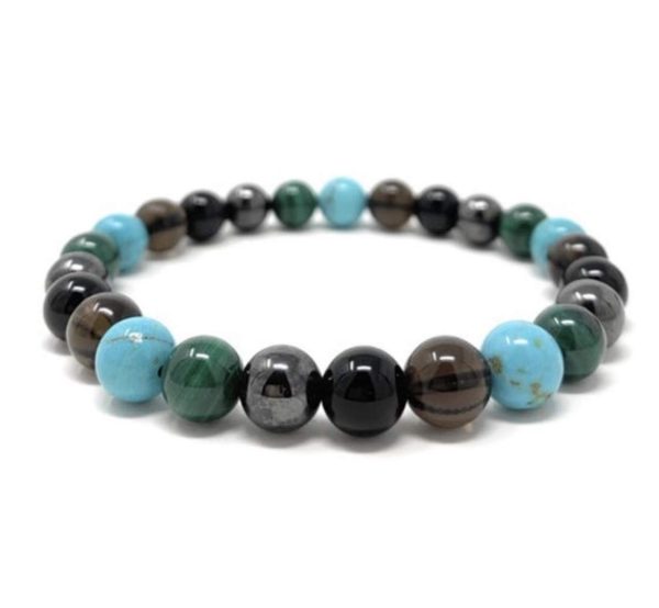 Men's Negative Energy Shield Power Bead Bracelet - Malachite, Shungite, Turquoise, Smoky Quartz, Magnetic Hematite - Gift Box & Tag