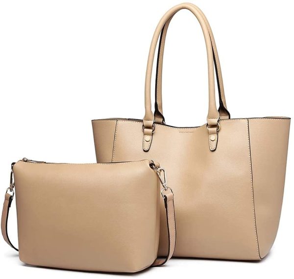 Miss Lulu Women Fashion Handbags PU Leather Top Handle Tote Bag Shoulder Satchel Bag 2pcs Set (Apricot) - Image 3