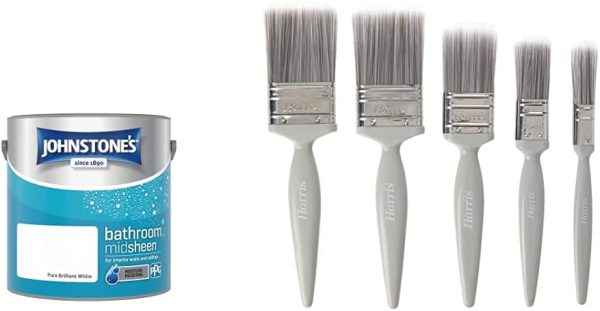 Johnstone's 389464 - Bathroom Paint - Mid Sheen - Moisture Resisting - Low Odour - Pure Brilliant  - 2.5 L & Harris 101011006 Essentials Walls & Ceilings Paint Brush 5 Pack - Image 6