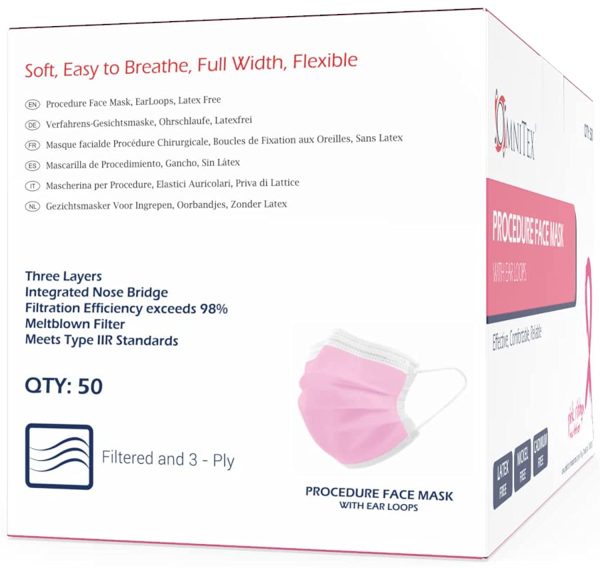 Omnitex Pink for Breast Cancer | 3ply Premium Type IIR Disposable Surgical Face Mask | EN14683:2019 | 98% Filtration, Fluid Resistant, Medical Face Mask 2R with Ear Loops - Pack 50 - Image 7