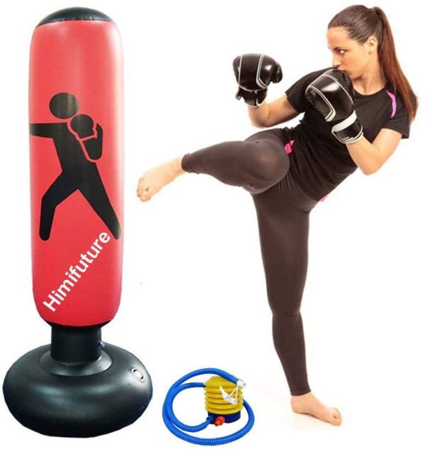 Himifuture 160cm Punch Bag, Inflatable Free-Standing Fitness Target Stand Tower Bag, Free Standing Tumbler Column Sandbag with a Free Foot Air Pump, Wine Red