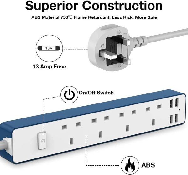 Extension Lead with USB, Power Strip with 4 USB Port 4 Way Outlets Power Extension Lead UK Socket Plug with 1.6M Cable - Blue - Image 2