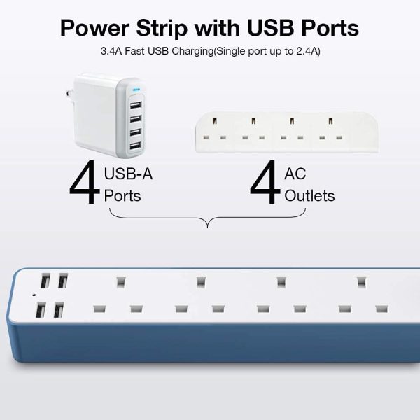 Extension Lead with USB, Power Strip with 4 USB Port 4 Way Outlets Power Extension Lead UK Socket Plug with 1.6M Cable - Blue