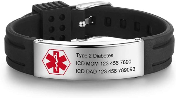 lorajewel Personalized Medical Alert ID Wristbands Stainless Steel Silicone Emergency Wristband Adjustable Emergency SOS Wristband for Men Women, Free Engraving - Image 3