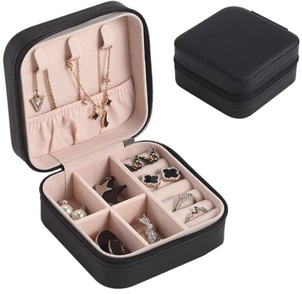 Simple Jewelry Box Ring Earring Storage Box Zipper Flip Easy Carry Small Jewelry Box (Black)