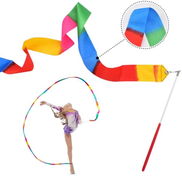 huianer Dance Ribbons Rainbow Streamers Rhythmic Gymnastic Ribbon Wands Rods for Children, Dancing, 2 PCS - Image 2