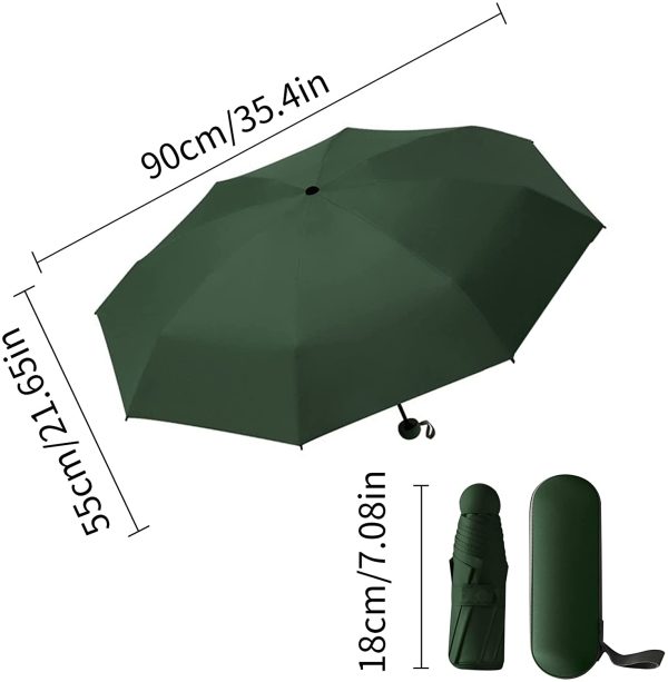 Folding Travel Umbrella,6 Ribs Mini Umbrella Small UV Umbrella with Capsule Case Mini Anti-UV Umbrella Fast Dry and Ultra Lightweight Compact Folding Umbrella for Men Women 90 x 55cm (Green) - Image 7