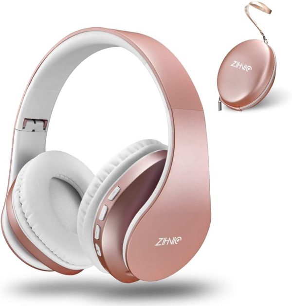 Bluetooth Headphones Over-Ear, Zihnic Foldable Wireless and Wired Stereo Headset Micro SD/TF, FM for Phones/Samsung/Pads/PC,Comfortable Earmuffs &Light weight for Prolonged Wearing (Rose Gold)