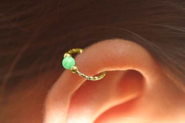 Cartilage Hoop Earring - 20G Gold Filled helix piercing earring - green opal cartilage earring, gold cartilage hoop piercing - Image 5