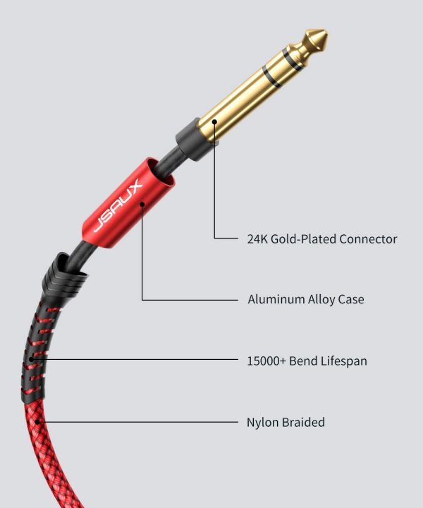 Professional Guitar Cable 2M (6.6ft), JSAUX 1/4"6.35mm to 6.35mm TRS Stereo Audio Guitar Lead Nylon Braided Jack Instrument Cable for Electric Guitar, Bass, Amp, Keyboard, Mondolin - Red - Image 5