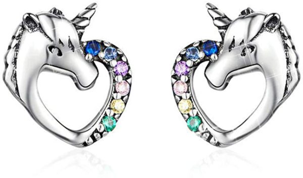 MengCat Unicorn earrings for girls,Heart Shape 925 Sterling Silver Rainbow Cubic Zirconia Screwback Earrings Gift for Her, Women, Girl - Image 2