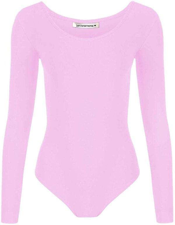 janisramone Gilrs Kids New Plain Long Sleeve Round Neck Microfibre Stretch Dance Gymnastics Leotard Bodysuit Top - Image 2