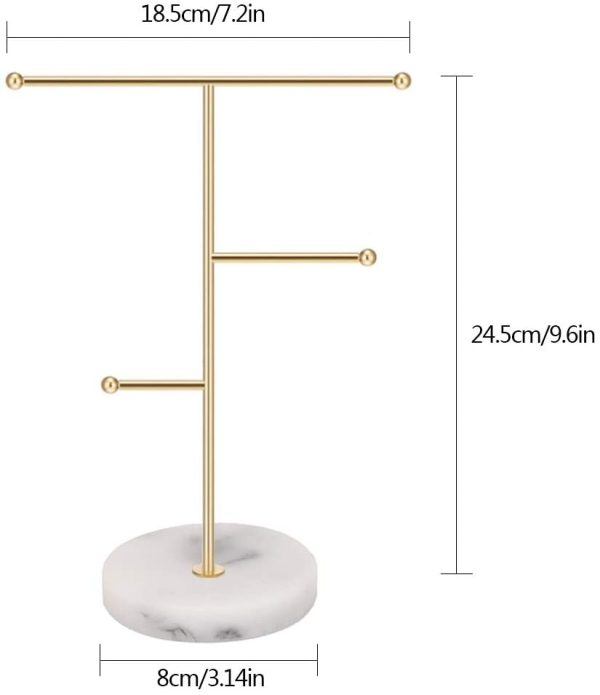 Jewelry Organizer,Metal T-Bar Necklace Display Stand Earrings Holder for Home, Hanging Pendant Rack with Marble Pattern Round Tray for Bracelets Rings Watches (A-Gold) - Image 8