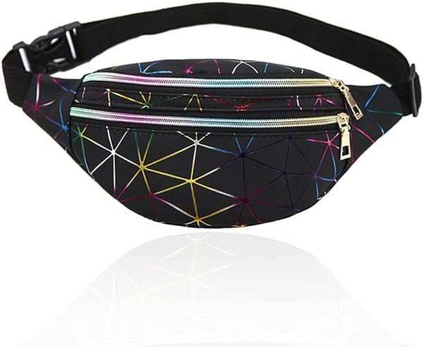 Geometric Bum Bag Waist Bag Holographic Fanny Pack Reflective Color Shiny Belt Bag Unusual for Ladies Travel Party Sports Running Hiking (Black) - Image 4