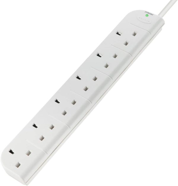 E-Series 6 Way/ 6 Plug SurgeStrip Surge Protected Extension Lead - 1 m Cable, White