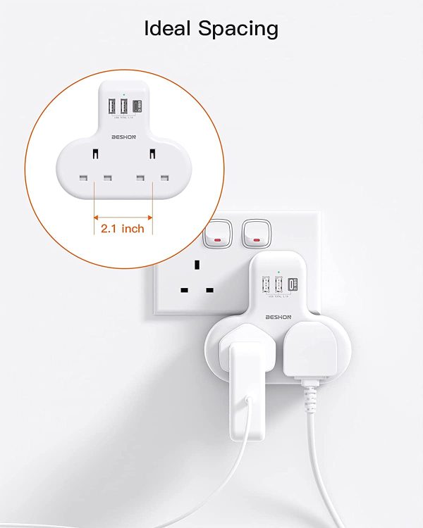 Double Plug Extension with 3 USB (1 USB-C), 2 Way Plug Adaptor Multi Plug Adpater, BESHON 13A UK 3 Pin Socket Extension for Travel, Home and Office - Image 6