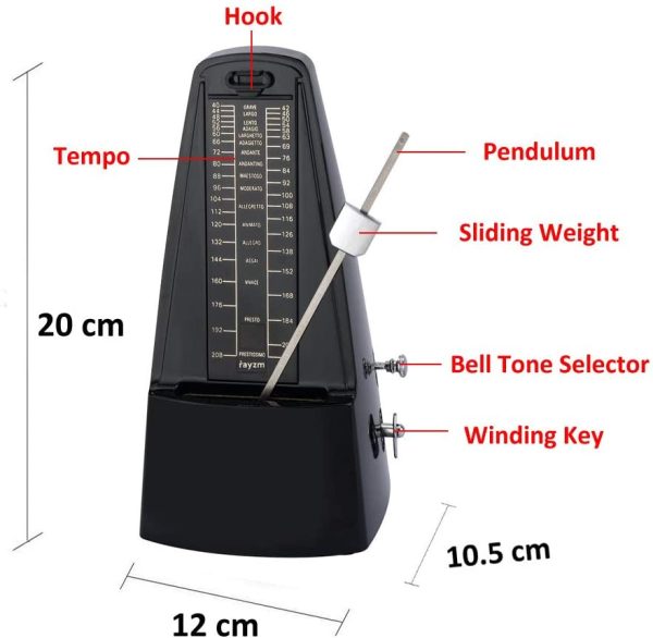 Rayzm Mechanical Metronome with High Precision for All Kinds of Musical Instruments (Piano/Drum/Violin/Guitar/Bass & Wind Instruments), Audible Click & Bell Ring, Traditional Pyramid Style