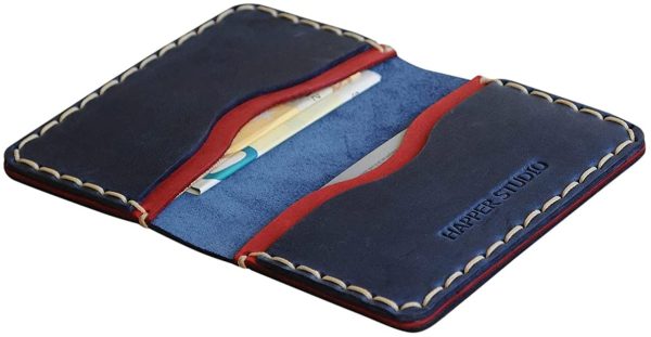 Blue and red leather wallet. Credit card, cash or ID holder. Rustic style unisex pouch. - Image 2