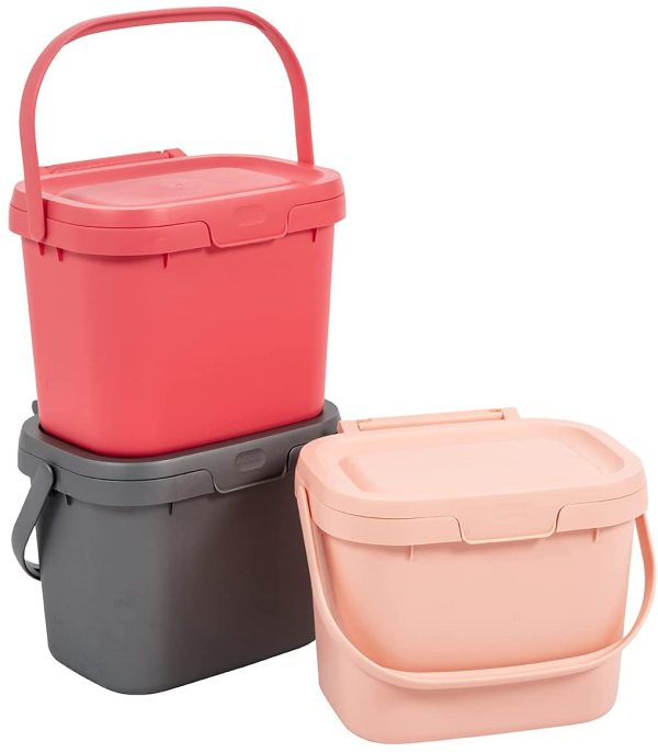 Everyday Kitchen Food Waste Compost Caddy Bin utility Set of 3 mixed colours Blush Pink, Pomegranate, Metallic Silver, 3 x 4.5 litres - Image 2