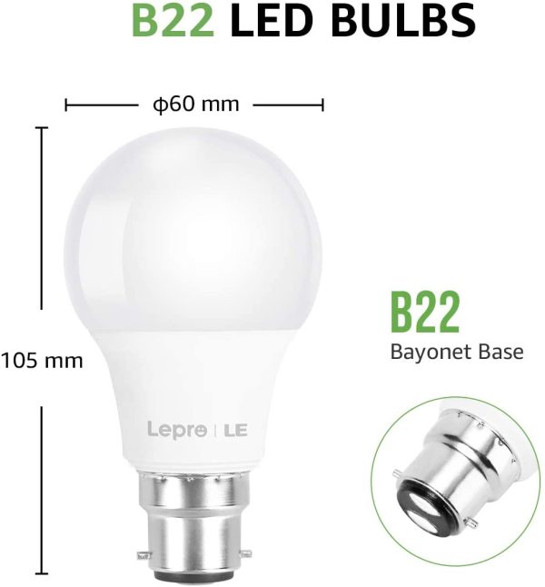 Bayonet Light Bulbs B22, 60W Equivalent, Warm White 2700K, 8W 806lm LED Bulb, BC A60 GLS Energy Saving Lightbulbs, Non-dimmable, Pack of 6 - Image 8