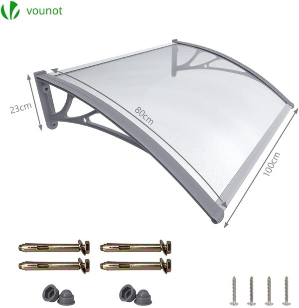 Front Door Canopy Outdoor Awning, Rain Shelter for Back Door, Porch, Window, 100 x 80 cm, Grey - Image 4