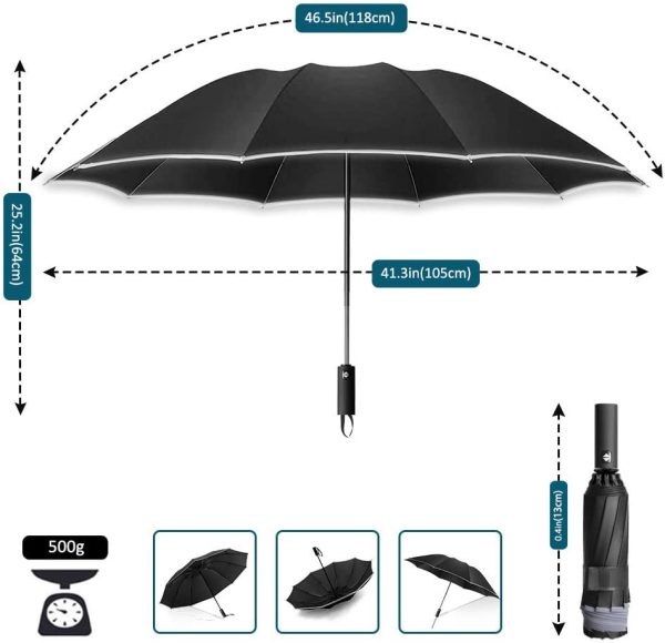 Inverted Umbrella Windproof, Travel Folding Umbrellas for Women Men, Golf Reverse Umbrella with Reflective Stripes, Teflon Umbrella Rain and Sun, Auto Open and Close Compact Portable Black Umbrella - Image 6