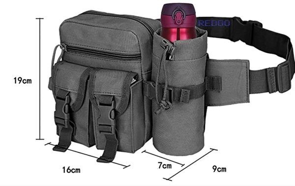 REDGO Tactical Waist Bag with Water Bottle Pouch, Waterproof Bum Bag Military Utility Canvas Fanny Pack Bumbag for Jogging Hiking Walking Bike Cycling Climbing Outdoor - Image 4