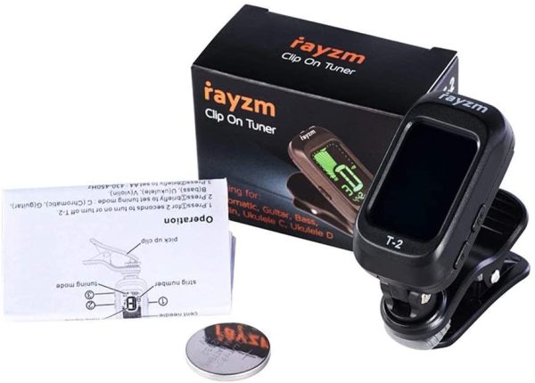 Rayzm Guitar Tuner, Clip-on Tuner for Chromatic/Guitar/Bass/Ukulele/Violin, Large Note Name on Clear LCD Screen for Easy Reading, Calibrated Pitch, Battery Included, Auto Power Off