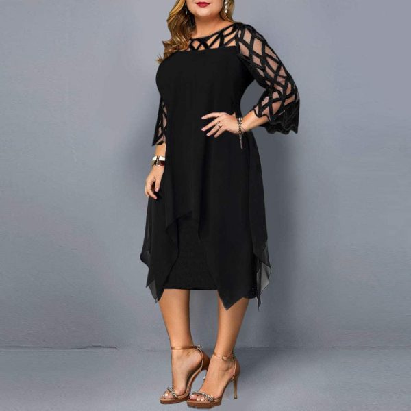 AMhomely Women Dresses Promotion Sale Clearance Ladies Perspective Mesh Chiffon Hollow Out O-Neck Double Oversize Dress Skirt Plus Size Dress Party Elegant Dress Vintage Dress UK Size S - XXXXL - Image 3