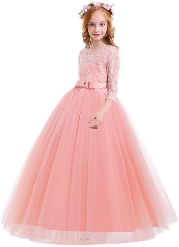 IWEMEK Flower Girls 3/4 Sleeve Floral Lace Tulle First Communion Pageant Dresses Kids Big Girls Princess Birthday Carnival Christmas Bridesmaid Wedding Party Prom Ball Gown 2-14 Years - Image 6