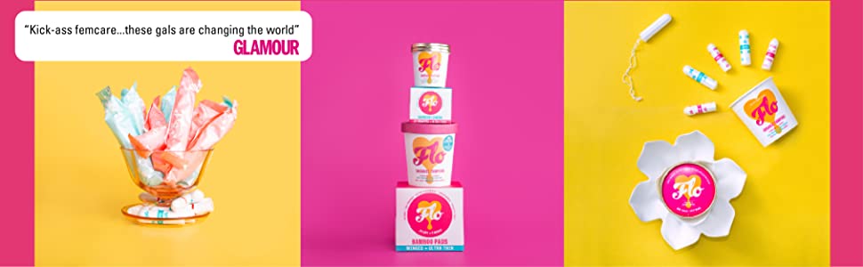 tampons, pads, liners, flo range, stylised images of flo range, tampons a dessert pot