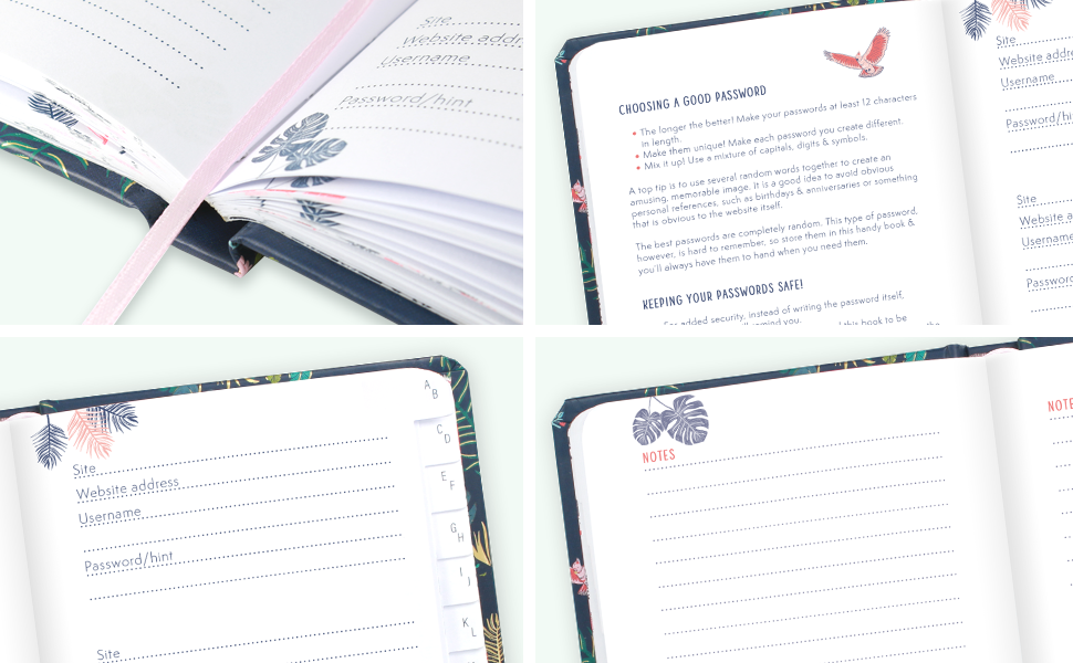 Close-ups of the ribbon page marker, password tips, notes pages and the password entries