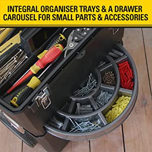 Integral organiser trays and a drawer carousel for small parts and accessories