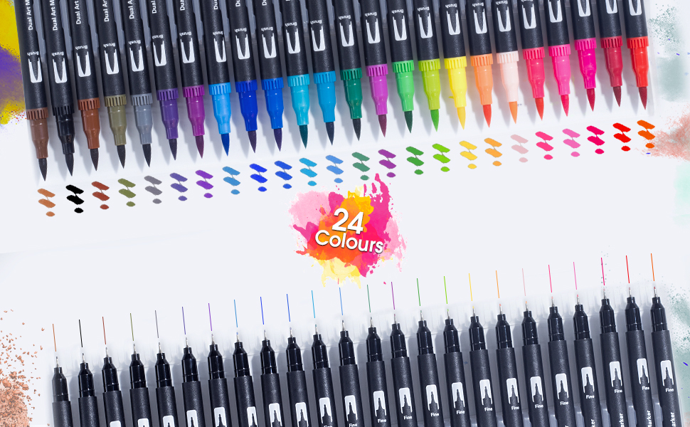 Colouring Pens 24 Colors Dual Tip Brush Marker Pens Brush Fineliner Pens for Colouring Book