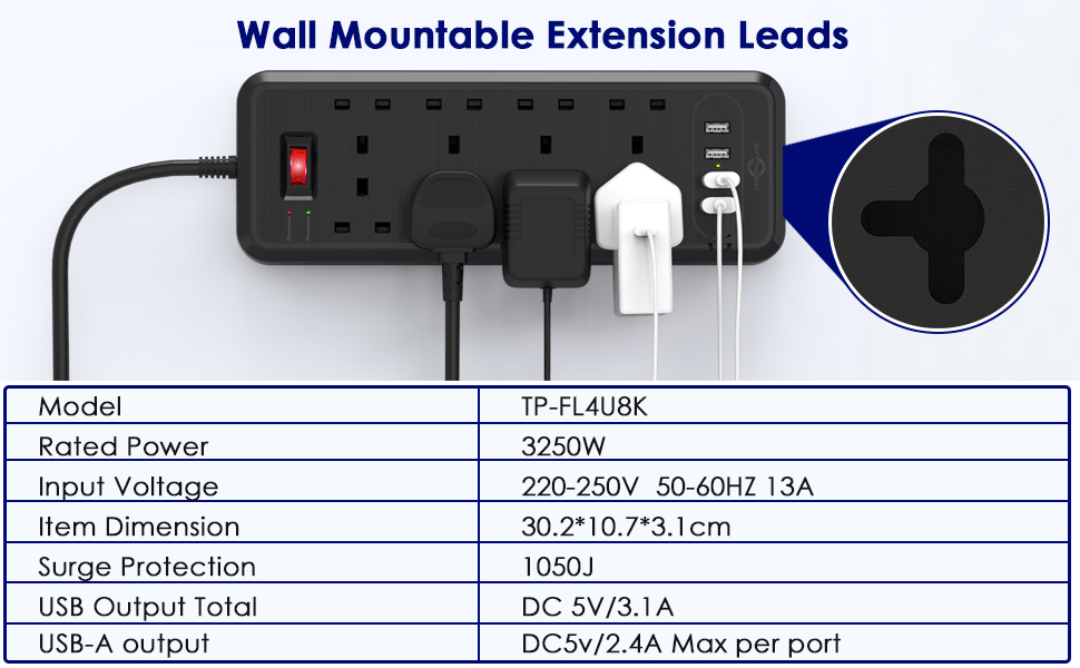 wall mountable power strip with switch 8 way extension leads with 4 usb slots 2m extension cord