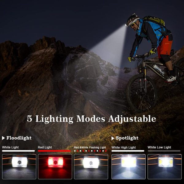 LED Head Torch, Head Lamp Rechargeable 1800mAh 1800 Lux Super Bright with 5 Light Modes Red Light&White Light IPX5 Waterproof Light Head Torch for Fishing, Camping, Cycling, Hunting, Hiking - Image 3