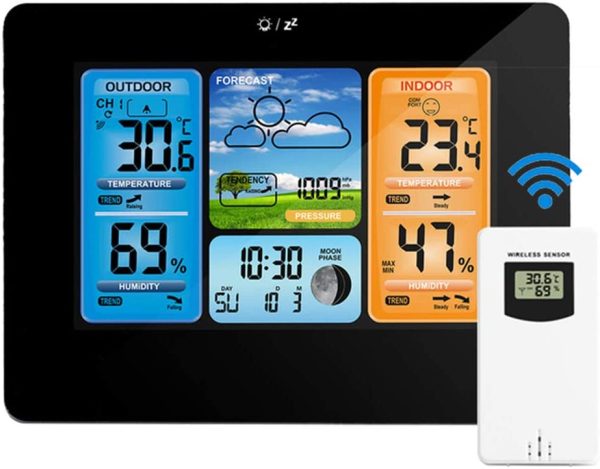 Powcan Weather Stations Wireless Indoor Outdoor with Alert and Temperature/Humidity/Barometric/Forecast/Moon Phase/Alarm Clock, LCD Digital Weather Station with Outdoor Sensor for Home Office (Black) - Image 4