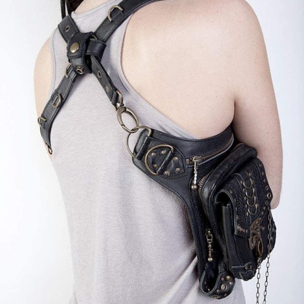 Malayas Steampunk Bag??Waist Bag/Shoulder Bag/Vintage Leather Shoulder Bag/Leg Bag Gothic Unisex, Black - Image 7