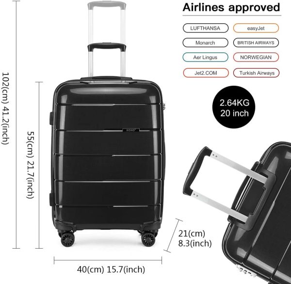 Kono Lightweight Polypropylene Suitcase Hard Shell Luggage Sets Built in TSA Lock 55cm/65cm/74cm (Set of 3, Black) - Image 3