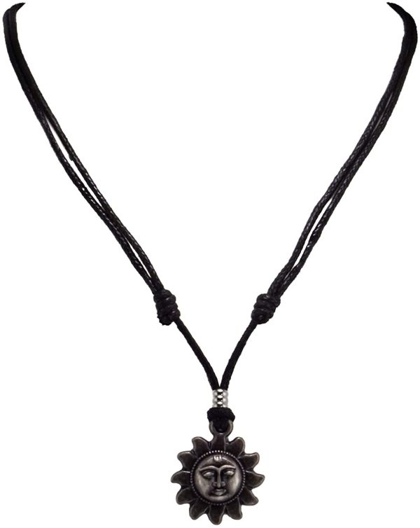 BlueRica Sun Pendant on Adjustable Black Rope Cord Necklace (Old Silver) - Image 3