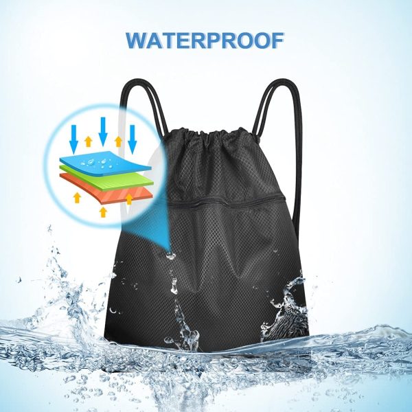 Drawstring Bag, Czyan Sport Sack PE Bag Waterproof Large Drawstring Sports Backpack for Women Men, with Inside and Outside Zipper Pockets for Sports School Beach Holidays Swimming Travel - Image 4