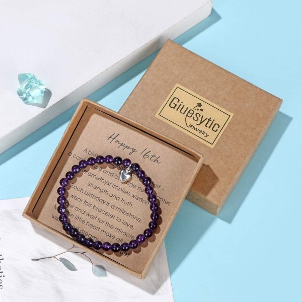 Giuesytic Gifts for 16 Year Old Girl Amethyst Bead Bracelet with Sterling Silver Heart Charm Sweet 16 Gifts for Girls with Card and Gift Box - Image 4